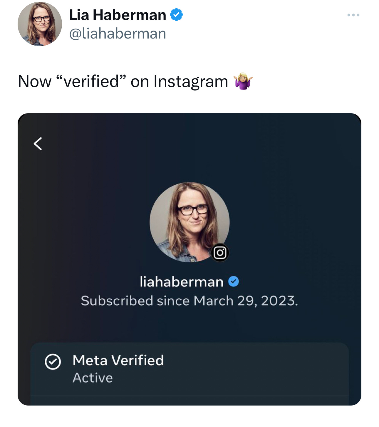 A tweet about qualifying for Meta Verified's subscription program: Now verified on Instagram