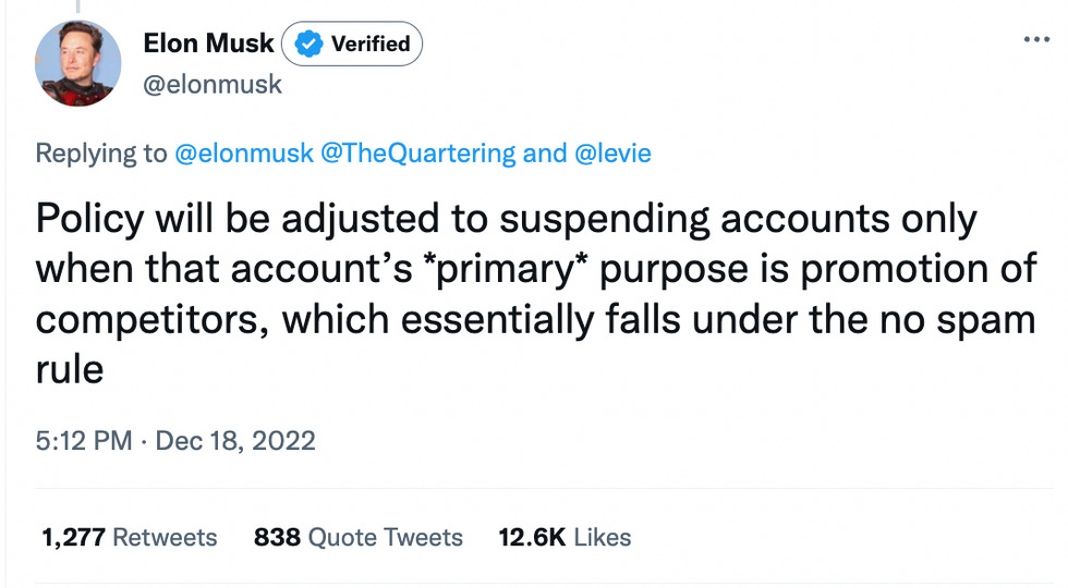 Policy will be adjusted to suspending accounts only when that account\u2019s *primary* purpose is promotion of competitors, which essentially falls under the no spam rule