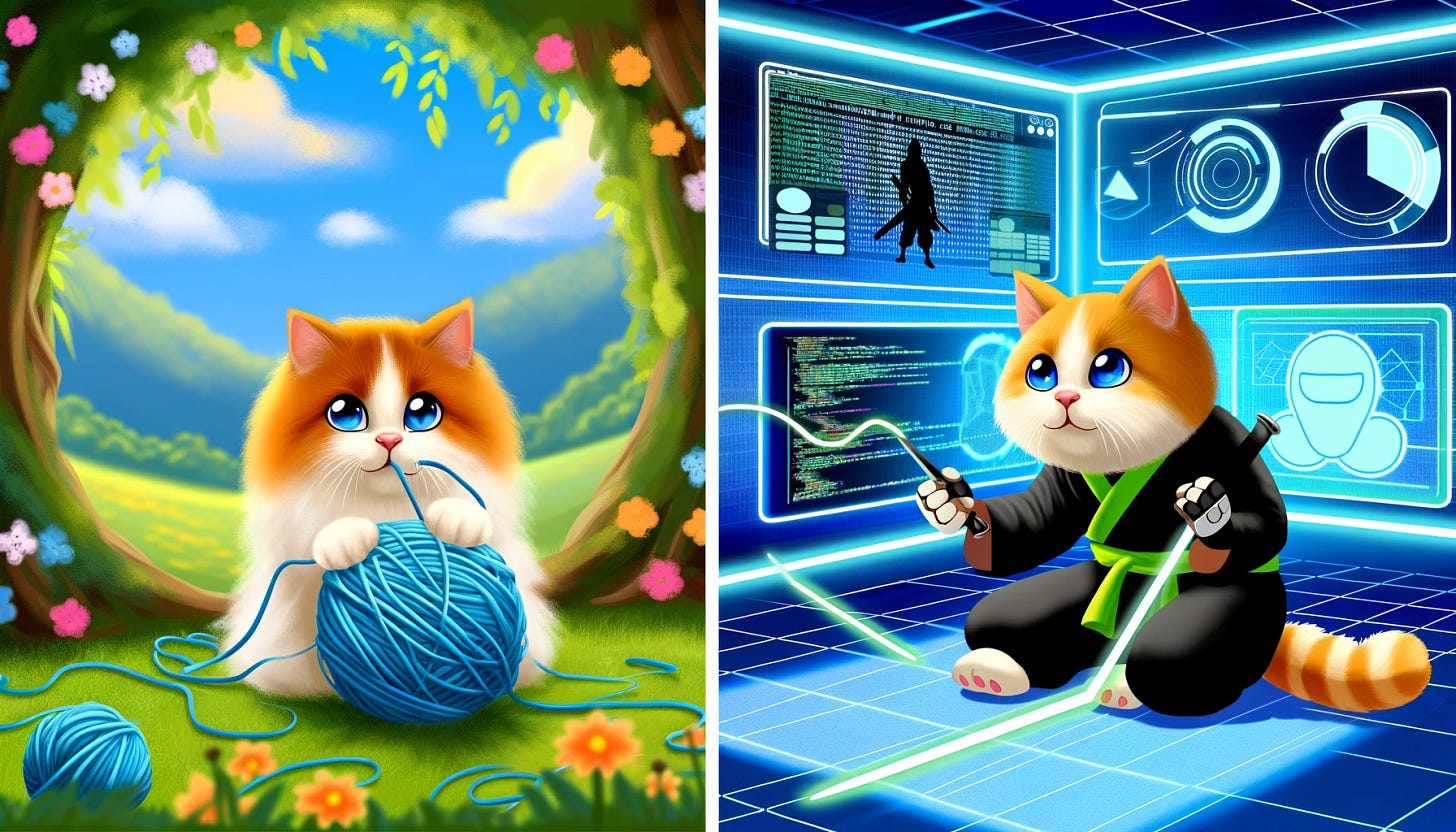 Create a side-by-side collage of two images. The first image should show a whimsical and colorful illustration of a fluffy orange and white cat playing with a ball of blue yarn in a lush garden under a sunny sky. The second image should depict a futuristic, tech-themed illustration of the same cat dressed as a ninja, surrounded by digital screens and holograms displaying code and security diagrams in a high-tech dojo. This comparison should show the transformation of a carefree cat into a cyber-security expert ninja.