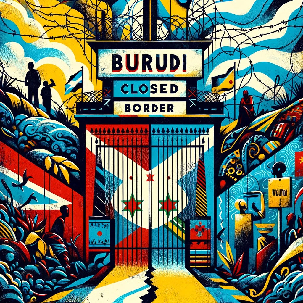 An artistic representation of the closed border between Burundi and Rwanda. The image should depict a stylized border setting, showing elements like a closed gate, barbed wire, and signs indicating the border. The background should include elements symbolic of both Burundi and Rwanda, such as landscapes or cultural symbols. The style should be abstract and expressive, with a focus on bold colors and patterns that reflect the cultural essence of the region. The image should evoke a sense of division yet hint at the cultural and geographical closeness of the two countries.