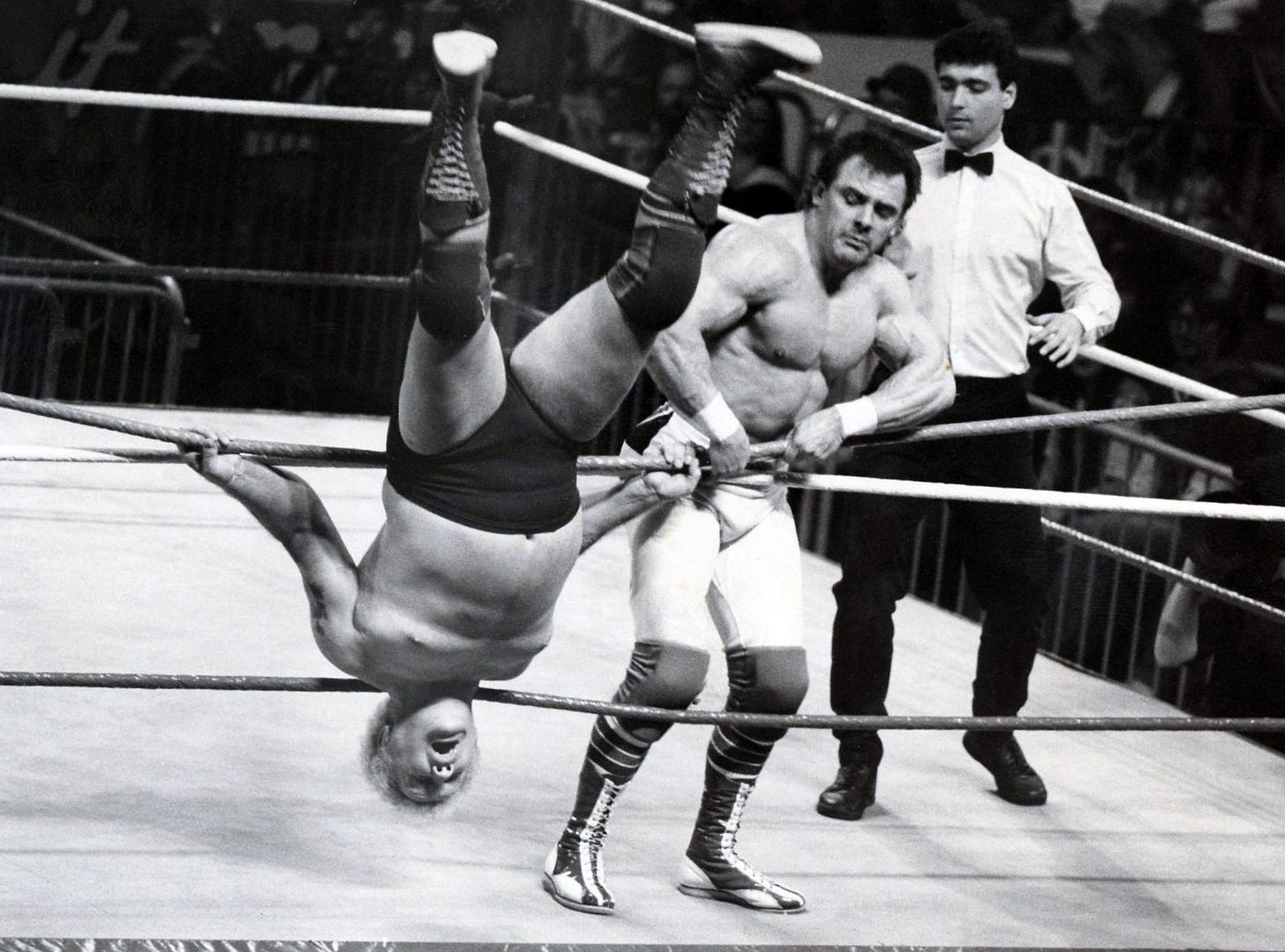 Dynamite Kid catches Harley Race in the ring ropes, circa 1987