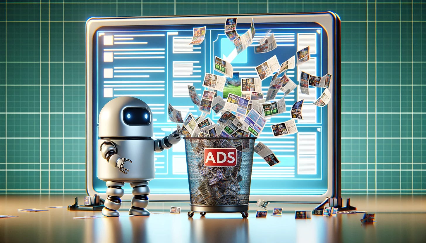 Visualize a whimsical scene where a cartoon-style AI character, depicted as a friendly and intelligent robot with a cheerful demeanor, is actively sorting through a digital content stream displayed on a large, futuristic screen. The AI character is picking up digital representations of advertisements, which are stylized to look like flyers or digital blocks, and tossing them into a large, literal trash can beside it. The trash can is humorously oversized and clearly labeled with an 'Ads' sign, emphasizing the AI's role in discarding unwanted advertisements. The background features a clean and orderly digital workspace, suggesting efficiency and a focus on user satisfaction. The entire scene is crafted to highlight the AI's capability to filter out and eliminate unnecessary ad content, providing a clutter-free digital environment for users.