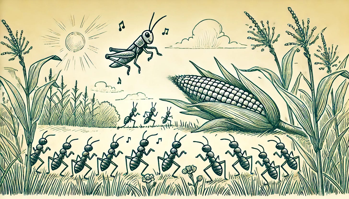 A sketch-style horizontal illustration of a summer scene in a lush green field. A cheerful Grasshopper is hopping and playing, singing under a bright blue sky, drawn in a playful, simple line sketch. Nearby, a group of Ants is depicted with a cautious and diligent demeanor, carefully carrying heavy ears of corn towards a small nest. The Ants are sketched with serious, focused expressions, their body language reflecting careful, calculated movements as they prepare for the future. The setting is warm and sunny, with lightly sketched tall grass and flowers, and the Ants' cautious nature is highlighted by their careful organization and methodical actions. The style remains minimalist, with a horizontal layout.