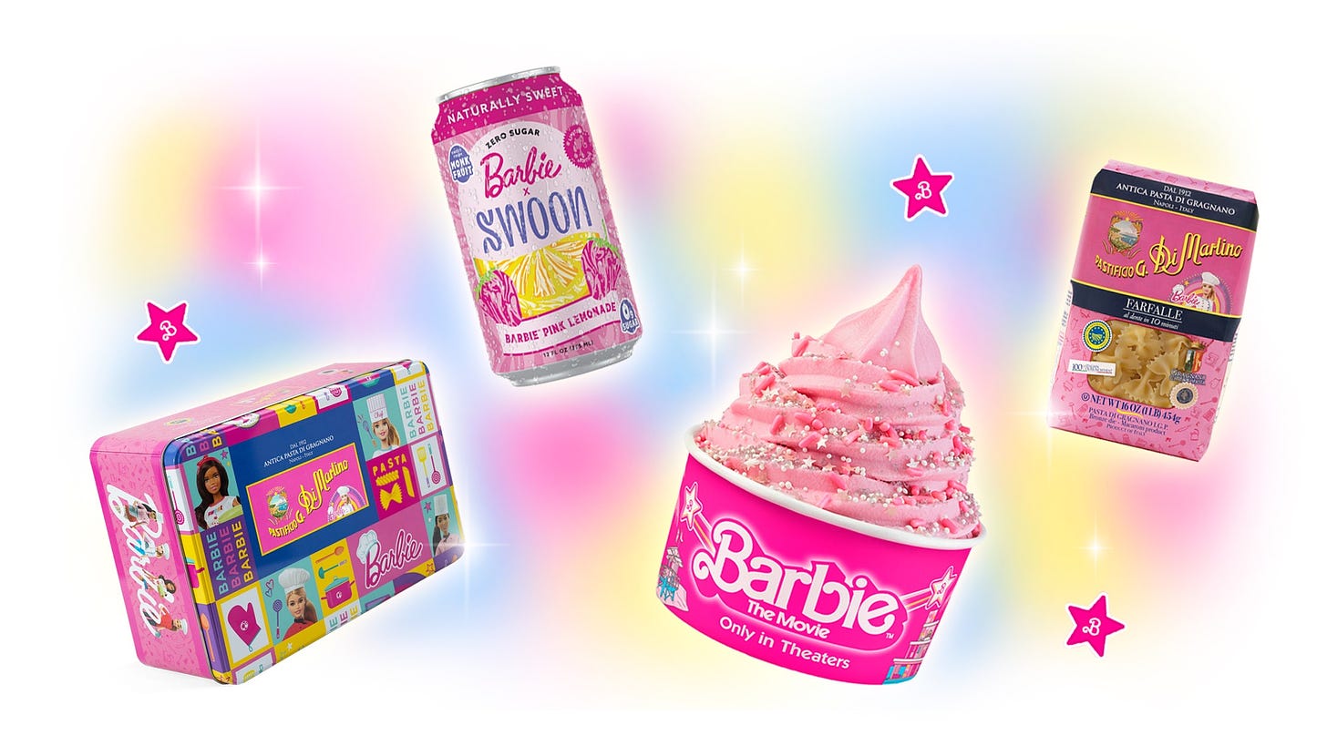 Photo collage of barbie themed foods like ice cream cake pasta juice and fro yo
