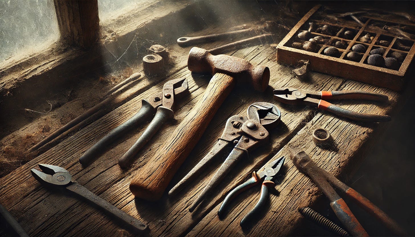 A set of rusted tools left out for a while on a wooden workbench. A hammer, wrench, and pliers are covered in rust and dirt. The wood shows signs of age with cracks and splinters. Dust and cobwebs settle around the tools. Faint sunlight streams through a nearby window, casting long shadows. Realistic texture, weathered metal, rusty surfaces, old wood, natural light, dusty atmosphere, soft shadows, aged environment, photorealistic detail, workshop setting, weathered textures, muted color palette.