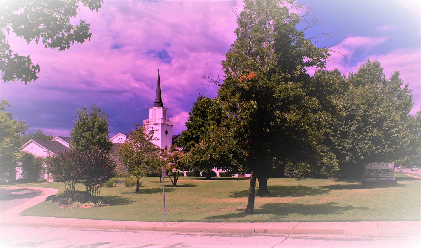 A large yet simple Unitarian church sits on a grassy lawn, with an unadorned steeple. It is surrounded by trees, and the colors are changed to make it feel alien.