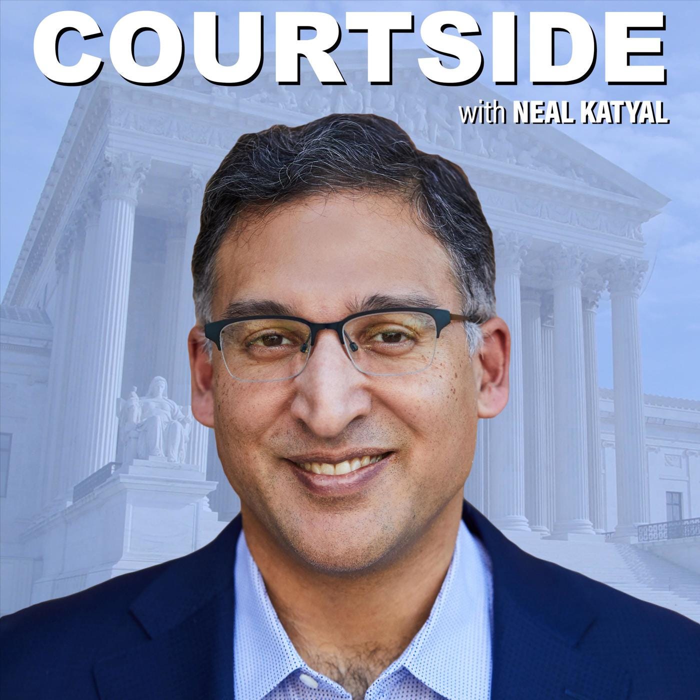 Portrait of a man with dark graying hair and glasses in a suit jacket superimposed over an image of the Supreme Court