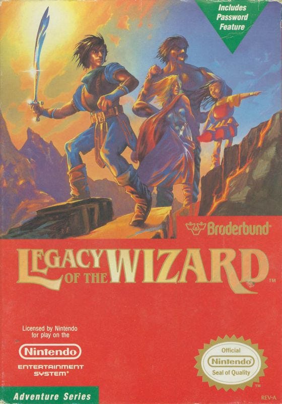 A scan of the NES box art for Legacy of the Wizard, as it was known in North America. A family of adventurers, one wielding a sword, stand atop a rocky outcropping, looking off into the distance. Which is kind of funny since 99% of this game takes place underground.