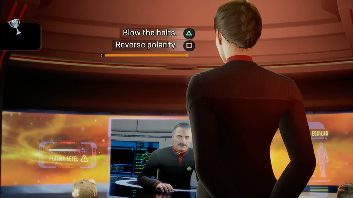 A woman stands in front of a viewscreen with two options: "Blow the bolts" and "Reverse polarity"