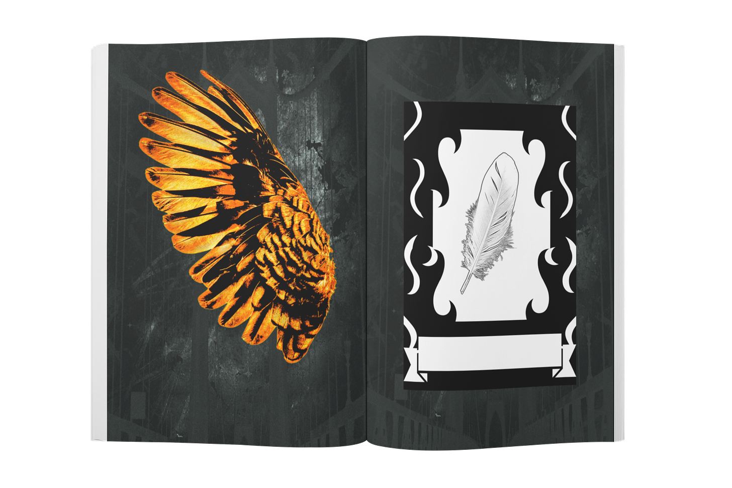 Golden angel wing interior cover art and angel feather bookplate for paperback Kickstarter special edition omnibuses