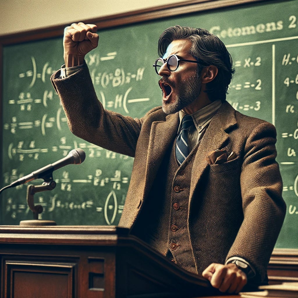 Imagine the same college professor, now with his fist clenched as if emphasizing a point during his lecture. He's standing in a more dynamic pose, holding forth with passion and conviction. His glasses and tweed jacket still signify his academic role, but his body language now adds an element of fervor to the scene. Behind him, the chalkboard is no longer just filled with equations, but also includes text. The text reads: 'The importance of critical thinking in today's society'. This addition underlines the subject of his passionate discourse, set against the backdrop of a classic, well-lit college classroom.