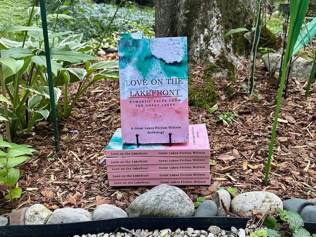 Image of a stack of books in a garden