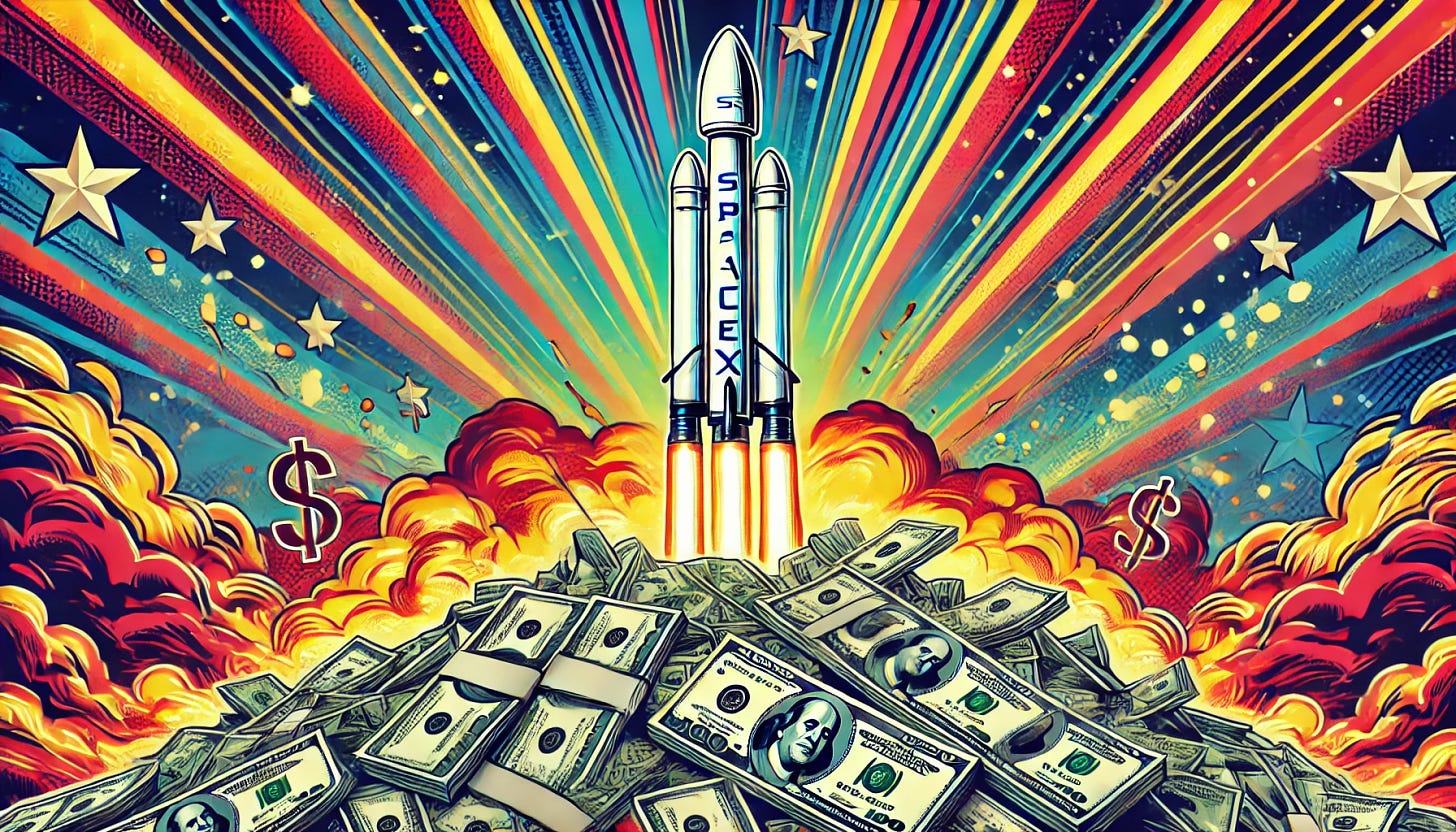 A vibrant pop-art style illustration depicting the SpaceX logo on a rocket launched from a mountain of money. The rocket is soaring upwards, with vibrant and dynamic colors and an explosive background. The money forms the base, and the rocket is prominently displayed with SpaceX's logo visible. The whole scene is filled with energy, evoking a sense of success, innovation, and financial power. The style is inspired by bold, dynamic pop-art with strong visual elements.