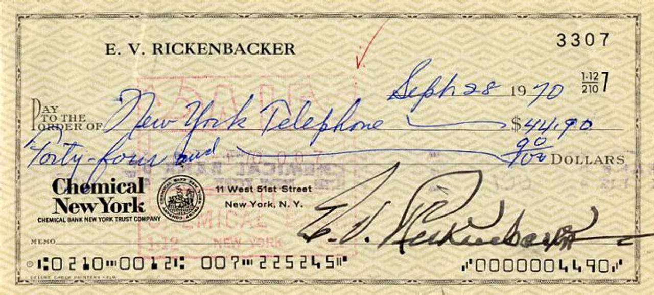 Eddie Rickenbacker signed Check - New York 1970 - Scripophily.com | Collect Stocks and Bonds | Old Stock Certificates for Sale | Old Stock Research | RM Smythe | Eddie Rickenbacker signed Check - New York 1970 - Scripophily.com | Collect Stocks and Bonds | Old Stock Certificates for Sale | Old Stock Research | RM Smythe |