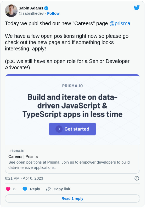 Today we published our new "Careers" page  @prisma    We have a few open positions right now so please go check out the new page and if something looks interesting, apply!  (p.s. we still have an open role for a Senior Developer Advocate!)