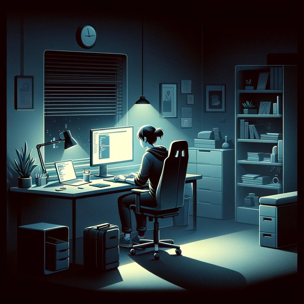 A semi-realistic illustration of a lonely developer in a dark office at night, with a more organized setting. The developer is intently focused on a computer screen, the soft glow of the monitor illuminating their face in the otherwise dim room. The office is neatly arranged, with an ergonomic chair, a clean desk, and organized shelves with books and tech gadgets. There are a few personal touches, like a framed picture and a small, healthy plant on the desk. The atmosphere is quiet and serene, emphasizing the solitude and dedication of the developer working late into the night.