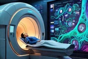 A computer-generated image showing a compact, low-power MRI scanner with a patient inside, surrounded by visual representations of deep learning algorithms and data. The image conveys the concept of accessible, deep learning-powered MRI technology