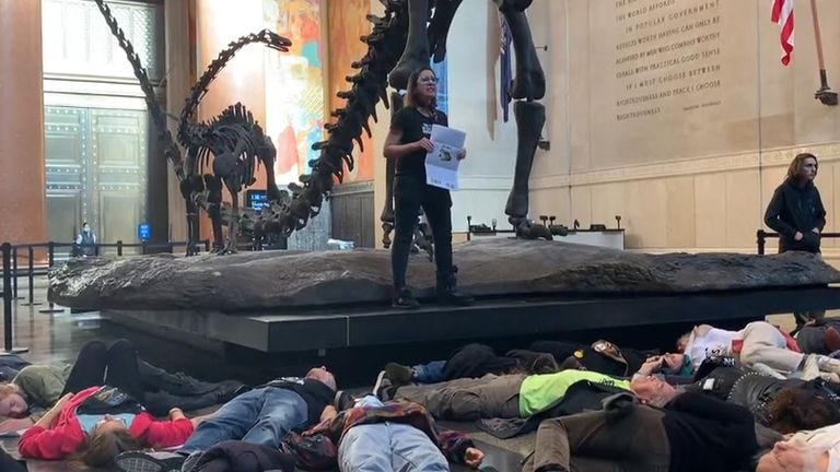 Extinction Rebellion protest with a 'die-in' at US Natural History Museum |  Climate News | Sky News