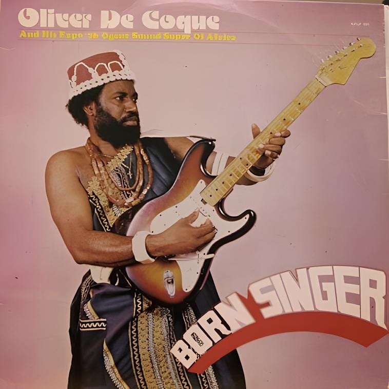 Lemi Ghariokwu cover art design for Oliver De Coque & His Expo 76 Ogene Sound Super of Africa band's 1987 'Born Singer' album
