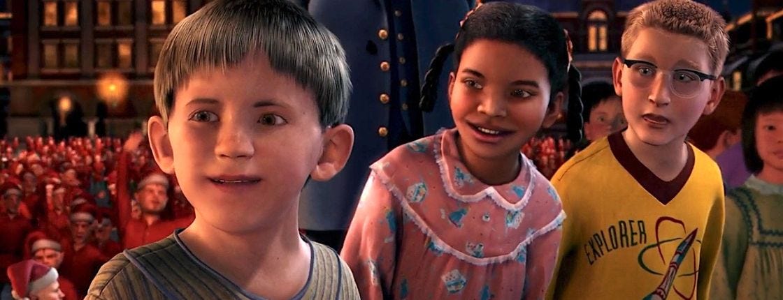 Billy, Hero Girl, and Know It All in the North Pole in The Polar Express.