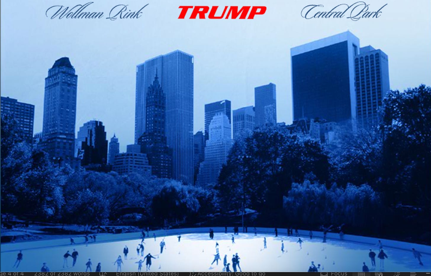 A screenshot of the Wollman Rink site. It is a blue tinged photo of the rink with the city in the background. "Wollman Rink" and "Central Park" are written in blue, cursive font on either side of "TRUMP" written in red capital letters. .
