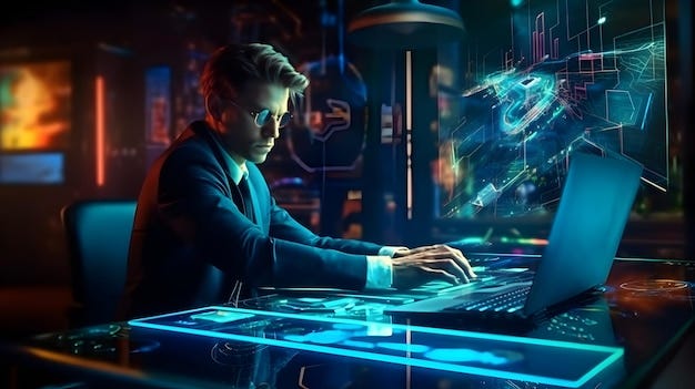 Man working on computer Bussines man working with AI holograms connected  with devices future technology of business conceptgenerative Ai | Premium  AI-generated image