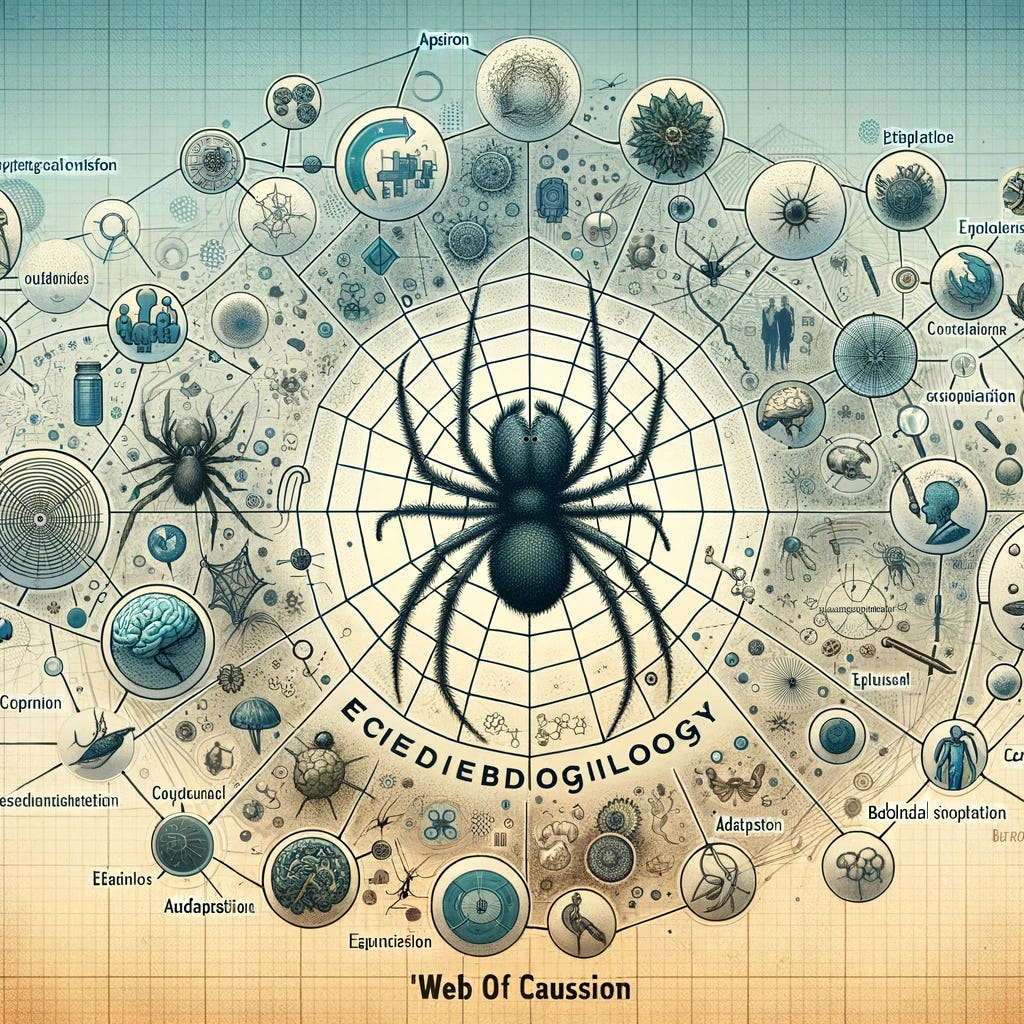 Create a conceptual illustration that represents the 'web of causation' metaphor in epidemiology, with a focus on identifying the 'spider' or systemic factors that influence health and disease. The image should depict a complex web, highlighting individual factors, and incorporate symbols or elements related to biological evolution, adaptation, and social determinants of health. The overall tone of the image should encourage thought and discussion on integrating various perspectives within an 'ecosocial framework', to achieve a holistic understanding of health and disease patterns in populations.