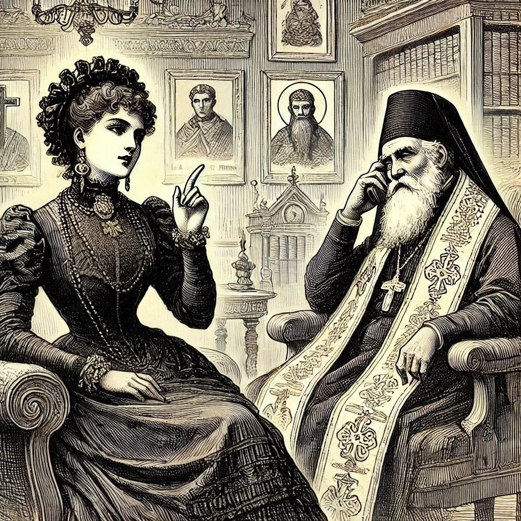 An 1800s newspaper-style illustration depicting a social scene in an ornate study. A woman, Yulia Georgievna Emmanuel, dressed in elegant 19th-century attire with a modestly sized black cross and a golden heart on her chest, speaks at length in a composed yet persistent manner. Her gestures are subtle, and her expression is earnest but restrained. Opposite her, St. Nicholas of Japan, an Orthodox clergyman in traditional robes and a tall hat, sits with a weary but polite expression, his hand resting near his face in mild exasperation. The background features bookshelves, religious icons, and a richly decorated interior, with fine ink-style shading to mimic historical newspaper prints.