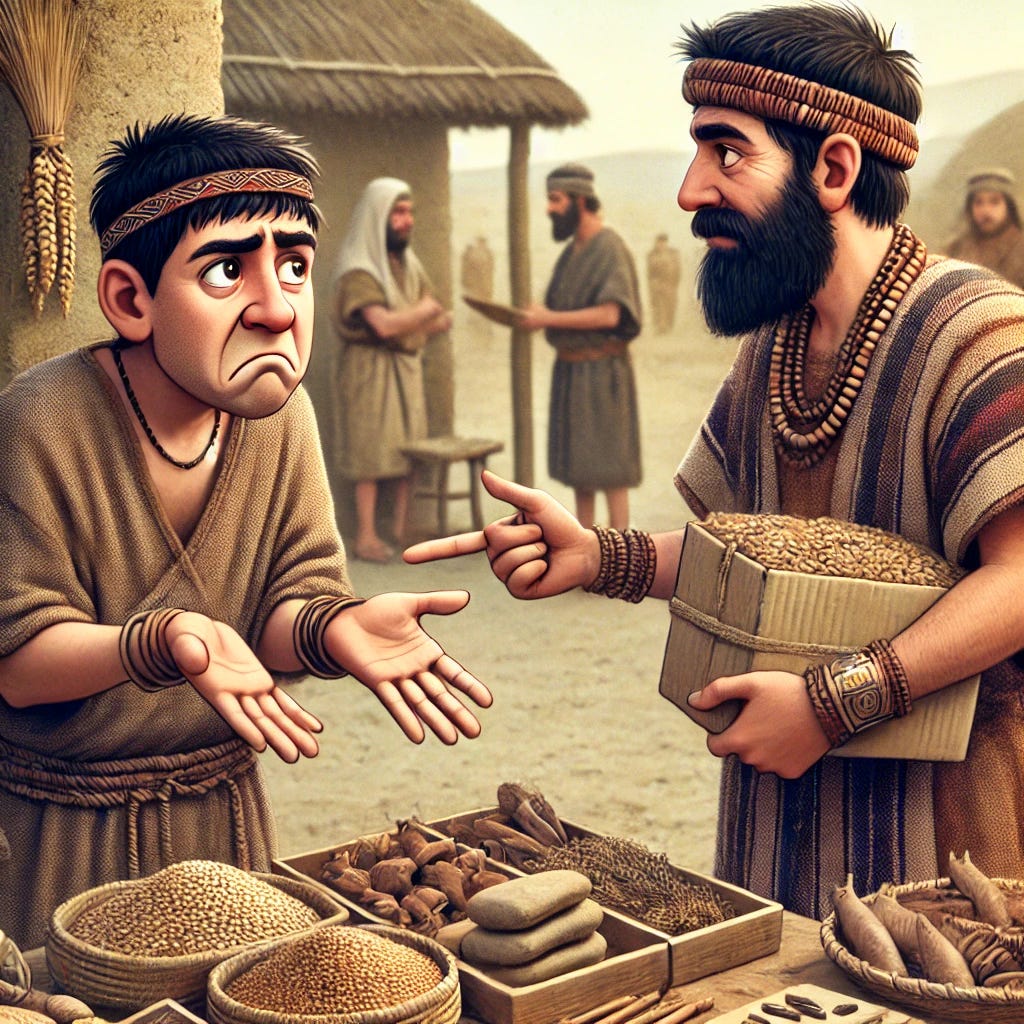 An image of two traders exchanging goods in a pre-Mesopotamian setting. One trader looks visibly disgruntled, showing displeasure at what the other trader is offering. The scene should depict an ancient barter system with items such as grain, cattle, and simple tools. The background should feature a rustic, early civilization environment, with primitive clothing and surroundings.