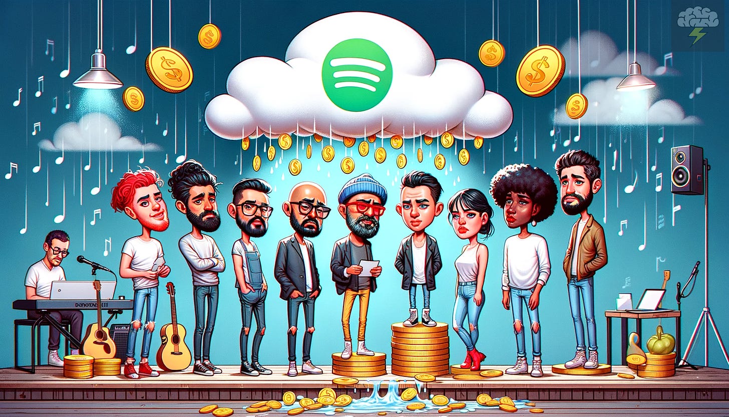 Digital illustration of a diverse group of caricatured musicians with varying emotions, standing on a 'Spotify' branded stage. Above them, a cloud with a Spotify logo is raining down coins, signifying the impact of Spotify on artists' earnings. The stage is flanked by musical instruments and speakers, with digital sound waves and music notes in the background, emphasizing the music streaming theme.