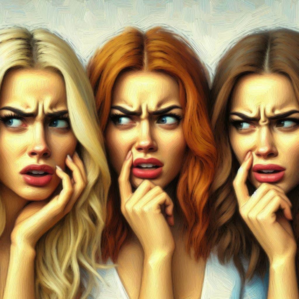 Three beautiful white women wrinkle their noses in disgust. One is blonde, one has red hair, and the third has brown hair. Impressionist-style.