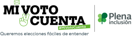 Logo di Mi Voto Cuenta e dell'associazione che lo promuove, Plena Inclusión: il claim dice "Vogliamo elezioni facili da capire".