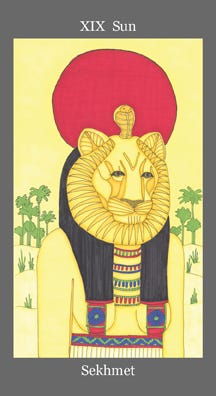 The Sun tarot card represented by the Goddess Sekhmet.