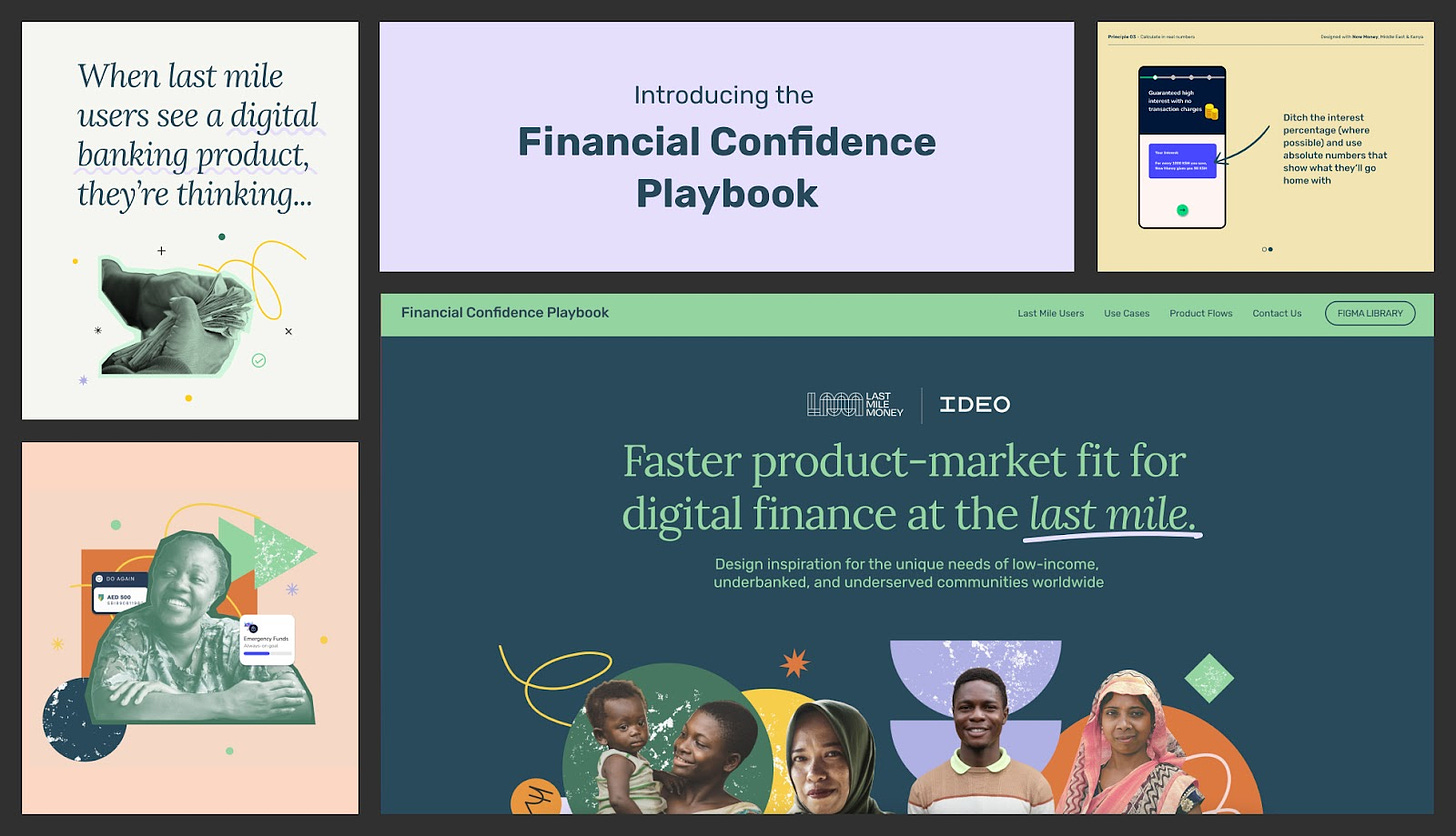 A collage of screens from the Financial Confidence Playbook website, featuring the landing page with headline "Faster product-market fit for digital finance at the last mile" surrounded by photo collages featuring last mile users and UX details.