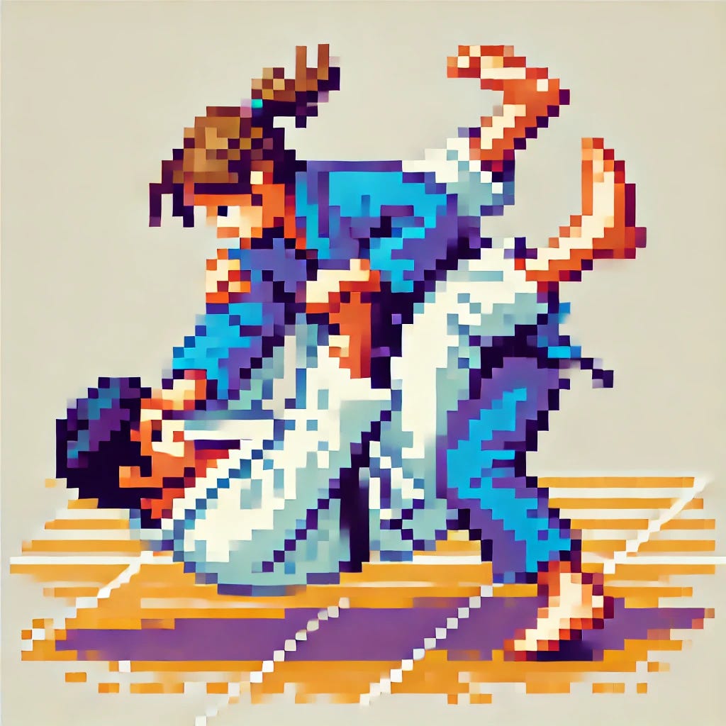 A pixelated image of two people in a judo match, designed in the style of a Gameboy Color RPG video game. The characters are mid-action, with one performing a throw or grapple on the other. The pixel art is vibrant and colorful, with blocky, low-resolution graphics typical of retro Gameboy Color RPGs. The setting is simple, perhaps with a dojo-like or arena backdrop, focusing on the characters' movements and action. The design captures the classic Gameboy Color aesthetic with expressive, dynamic characters and minimalistic background details.