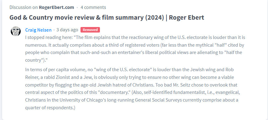 A screen shot of my censored comment on RogerEbert.com, the text of which is repeated in the following paragraph.