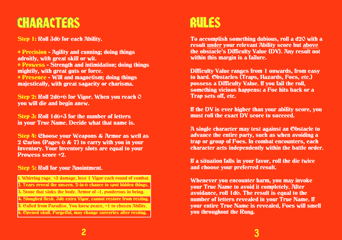 A red background with bright yellow headers and white body text. A two-page spread explains character creation and the core mechanics of RUINER.