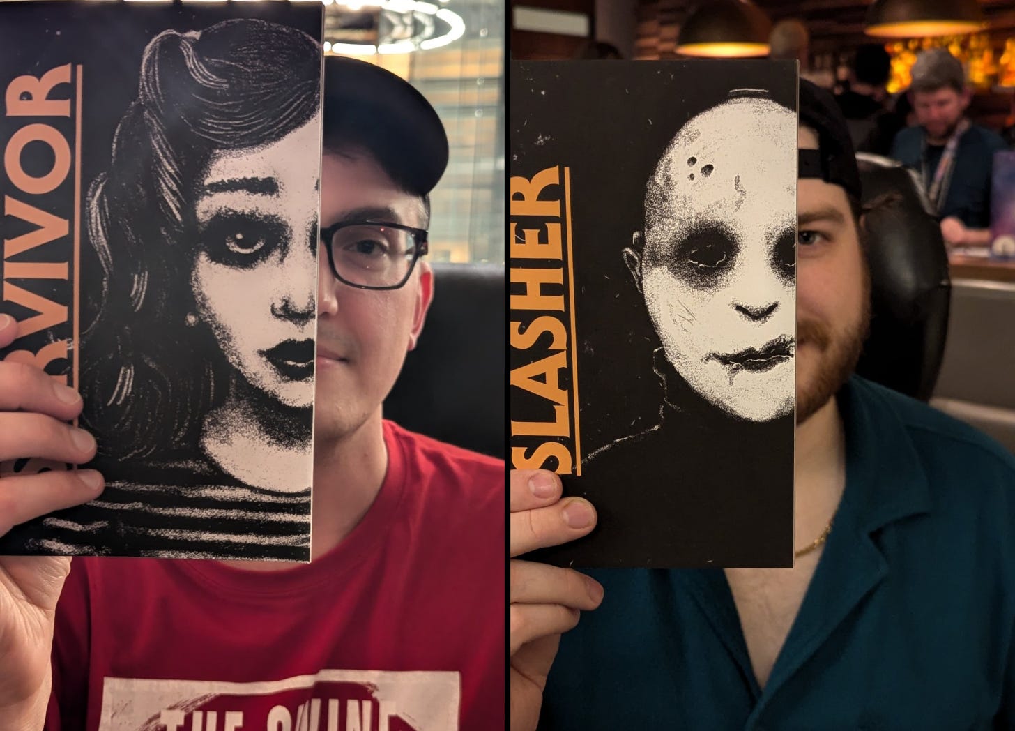 Collage. Two photos, same format: a person holds up a zine cover of half a person’s face over half of their face. One has the Slasher zine, the other the Survivor. 