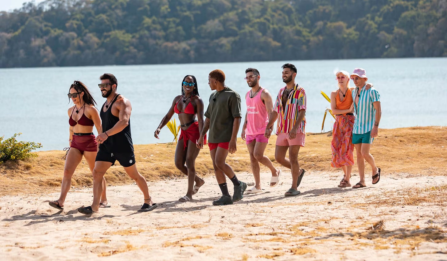 Couple to Throuple" Seasone One couples Lauren and Dylan, Brittne and Sean, Rehman and Ashmal and Corey and Wilder walking on a beach -- screenshot of the show as provided by Peacock