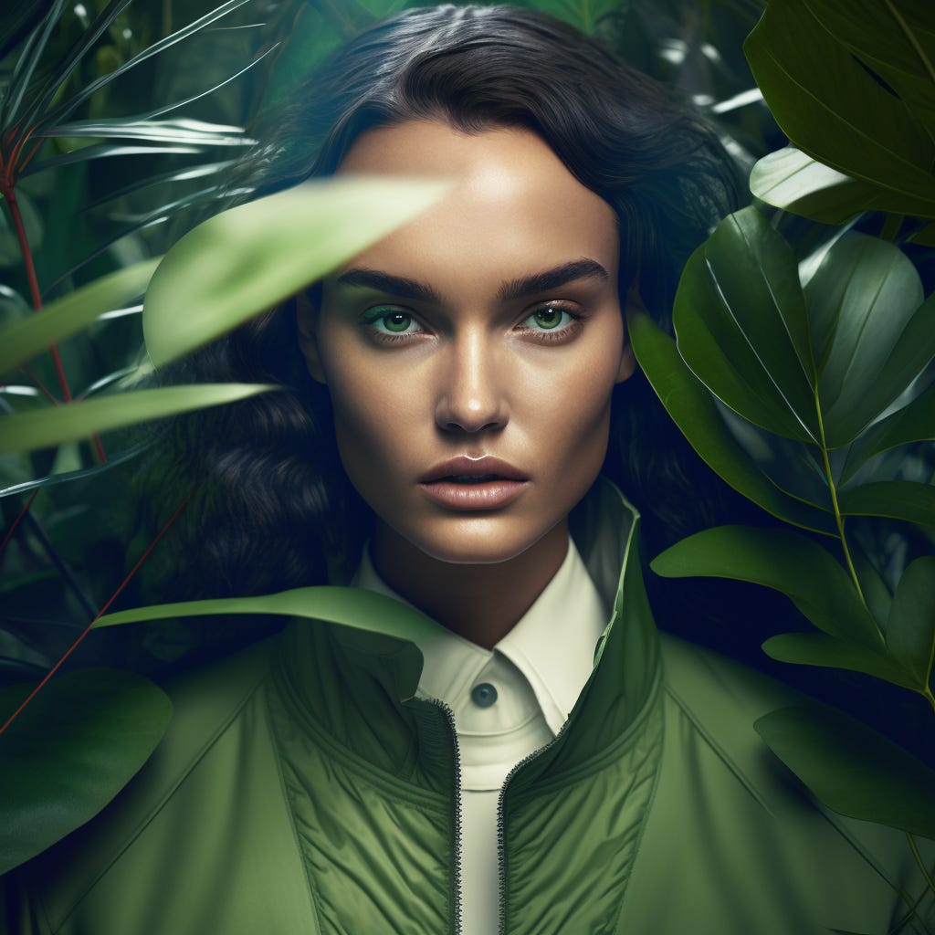 expressive supermodel wearing minimalistic clothes in green jungle, high fashion symmetrical close-up portrait shoot, cinematic