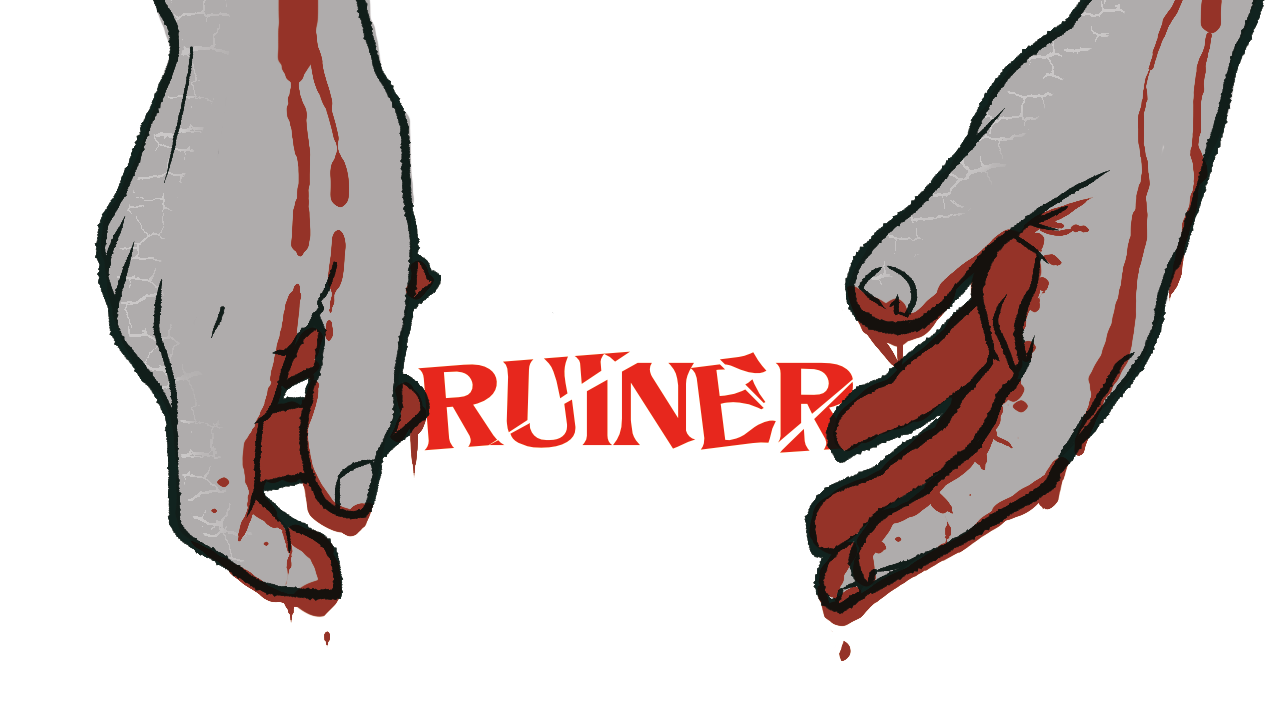 a pair of limp stone hands drip blood in front of a white background. The word RUINER is shattered behind them.