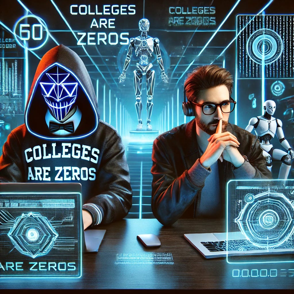 A futuristic cyber-themed background with two characters sitting side by side at the same sleek, high-tech table. On the left, a mysterious figure in a hoodie with a glowing geometric mask and a bow tie, working on a laptop labeled 'Colleges are Zeros,' surrounded by digital binary code. On the right, a thoughtful, modern man with glasses and medium-length hair, working on a holographic laptop. The environment features glowing neon accents, advanced holographic screens, and a cyberpunk aesthetic with a digital cityscape in the background. Remove any robots or figures in the background.