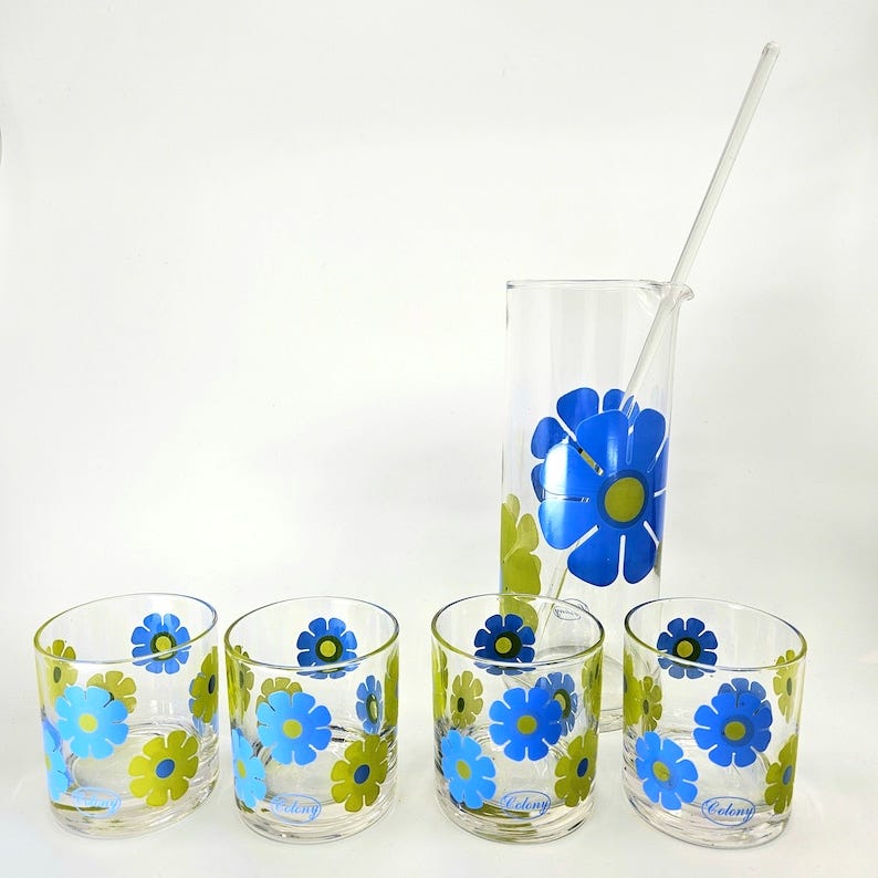 70's mod  colony moon flower cocktail pitcher glasses set green and blue