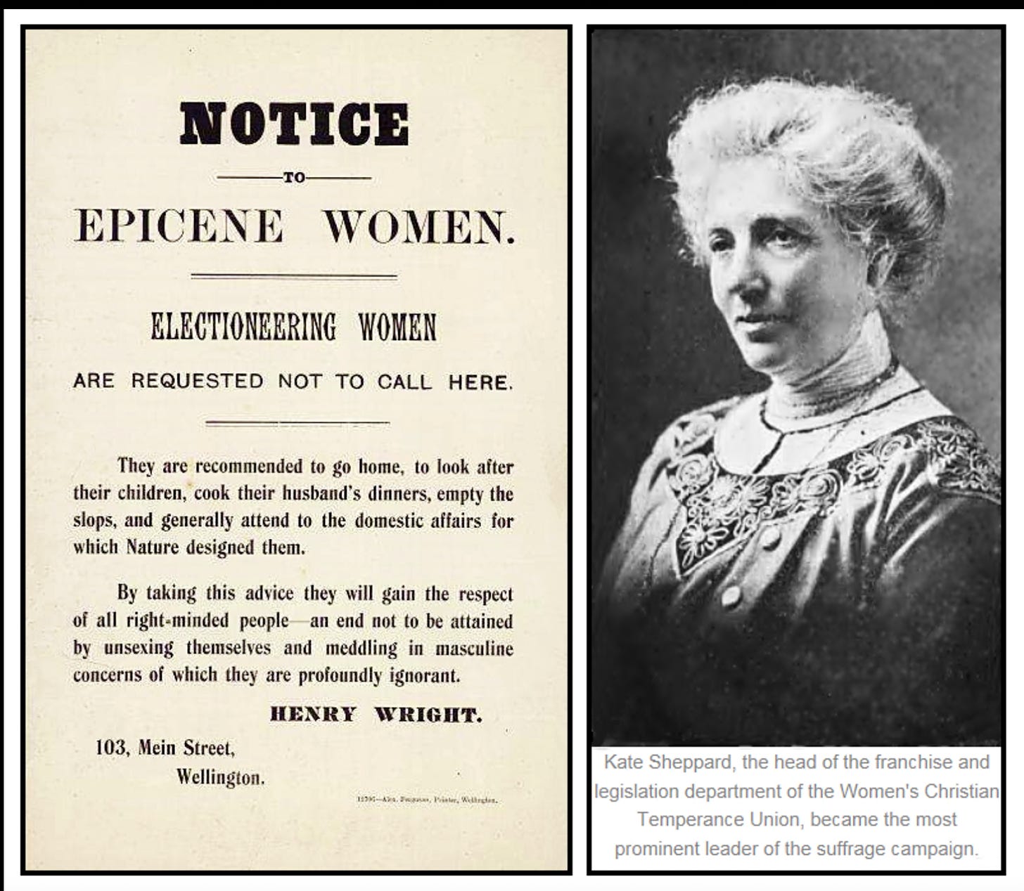 Old newspaper clipping saying “Notice to epicene women. Electioneering women are not requested to call here. They are recommended to go home, to look after their children [..] By taking this advice they will gain the respect of all right-minded people.” next to a photo of Kate Sheppard.