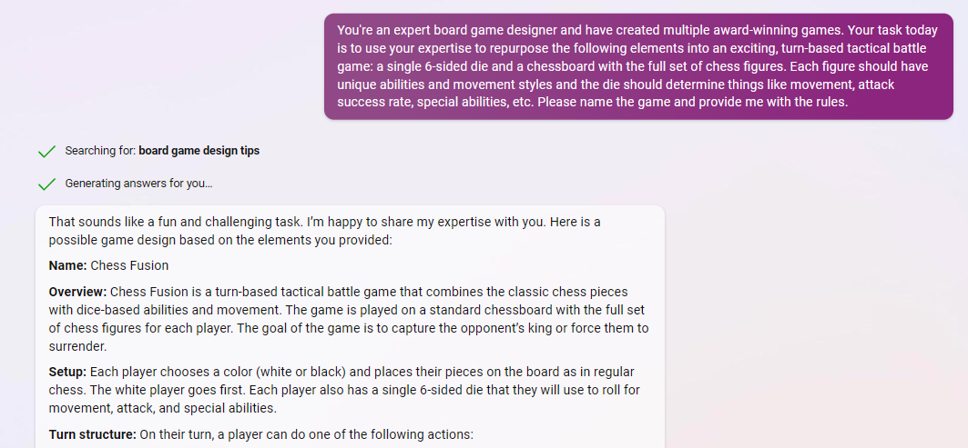 Bing Chat coming up with a board game that uses chess pieces, board, and a die