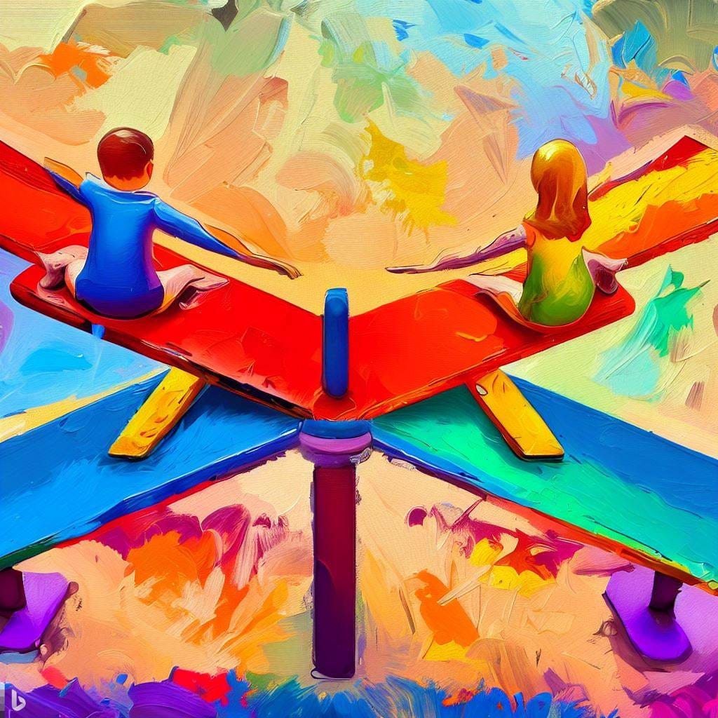 A colorful painting of two children playing on an airplane wing made out of a see-saw.