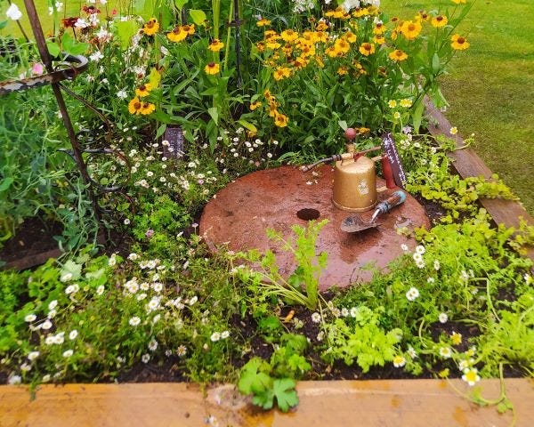 One of the hypertufa millstones in the RHS Show Garden, surrounded by flowers.