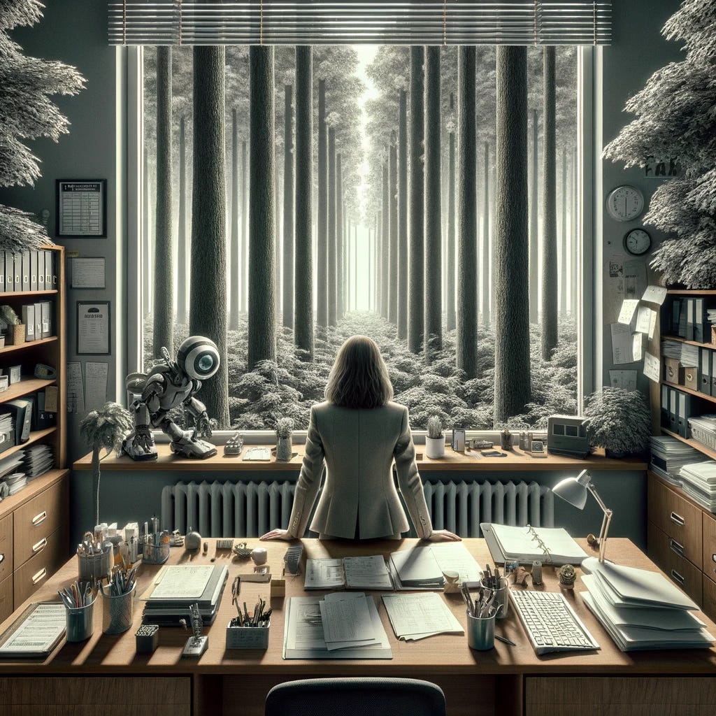 A person with shoulder-length blonde hair, dressed in a light-colored suit, stands at a wooden desk cluttered with papers, stationery, and office supplies, looking out a large window. Outside the window, there is an expansive, dense forest of tall, straight trees extending into the distance, creating a tunnel-like perspective. To the left of the person, on the windowsill, is a small robot with a single eye, appearing to observe the view as well. The office space is lined with shelves filled with books, binders, and various documents. The walls are adorned with clocks, papers, and other office materials.