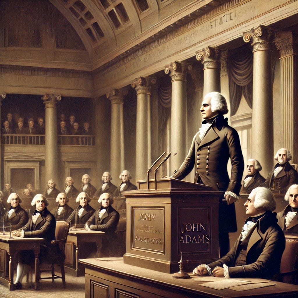 John Adams, the first Vice President of the United States, presides over the Senate, dressed in formal 18th-century attire, surrounded by senators in a grand chamber of the late 1700s.