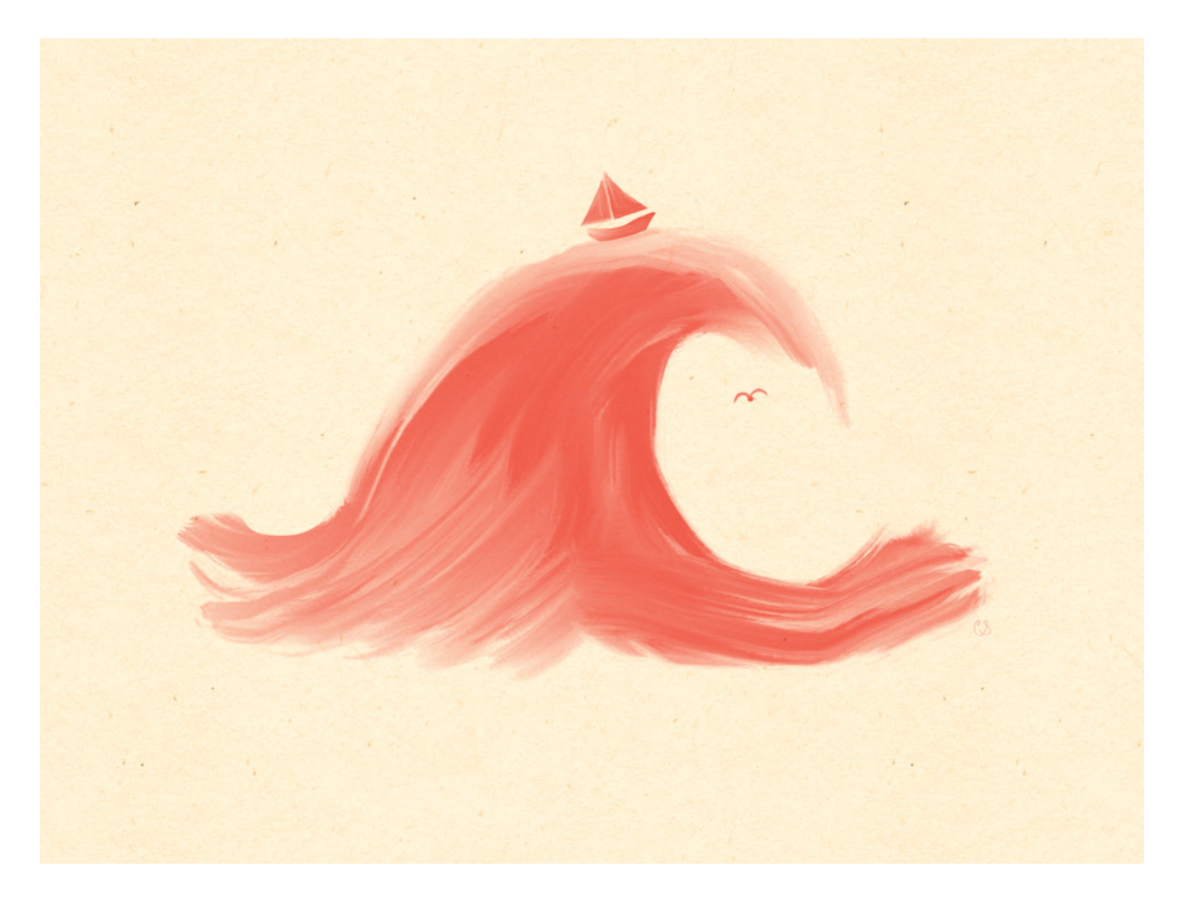 An illustration of a tiny sailboat riding a giant wave